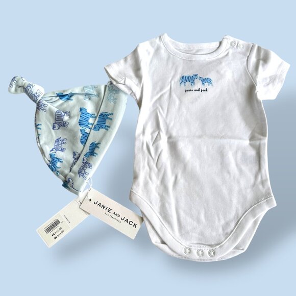 NEW 💛 Janie and Jack💛 Baby Bodysuit Soft Blue Tiger Print With Beanie 0-3 Mont - Picture 1 of 3